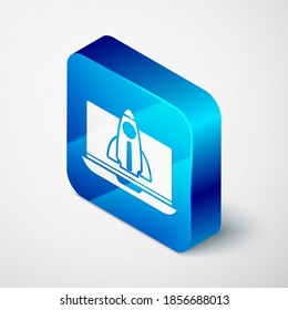 Isometric Business, icono de concepto de proyecto de inicio aislado en fondo gris. Símbolo de nuevos negocios, emprendimiento, innovación y tecnología. Botón cuadrado azul. Vector.