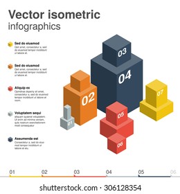 Isometric business steps to success charts and graphs options banner. Vector illustration design template.