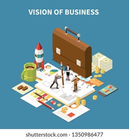 Isometric business strategy composition with vision of business description and abstract elements vector illustration