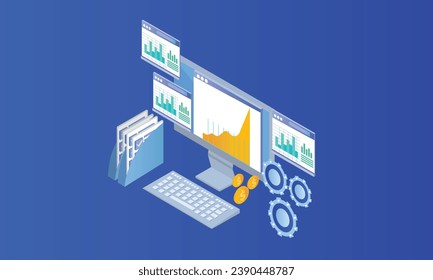 Isometric Business strategy and planning, information and investment, business success, computer monitor with infographic elements.on blue background.3D design.isometric vector design.