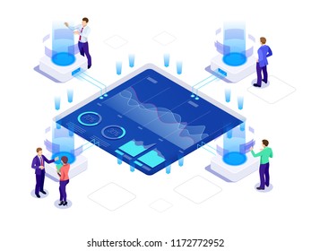 Isometric business strategy and planning. Investments and Analysis Data. Vector illustration for presentation or landing page. SEO analytics team.