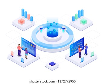 Isometric business strategy and planning. Investments and Analysis Data. Vector illustration for presentation or landing page. SEO analytics team.