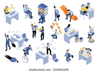 Isometric business stress color set of isolated icons with characters of clerks in rush with emotions vector illustration