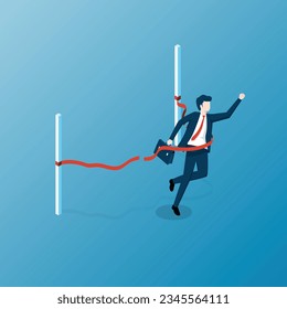 Isometric Business Success Concept. Businessman crossing the finish line with red ribbon. illustrator vector.