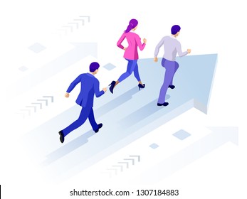 Isometric Business Success Concept. Entrepreneur business man leader. Businessman and his business team crossing finish line.