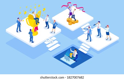 Isometric Business Success Concept. Entrepreneur business man leader. Businessman and his business team crossing finish line and tearing red ribbon finishing first in a market race.