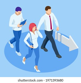 Isometric Business Success Concept. Entrepreneur business man leader. The young businessman pointed in the direction he was heading. Start up a new to goal.