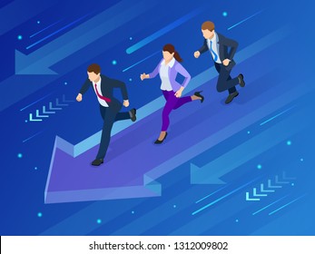 Isometric Business Success Concept. Path to the goal. Entrepreneur businessman leader. Vector illustration