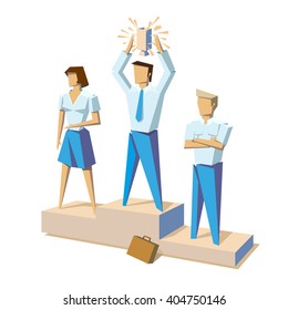 Isometric business success low poly isolated vector illustration. Happy businessman in suit standing on pedestal and takes winner cup over head. People Group Team Leader concept. Use for infographic.