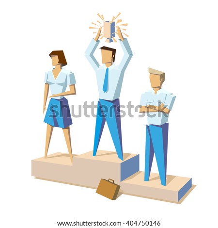 Isometric business success low poly isolated vector illustration. Happy businessman in suit standing on pedestal and takes winner cup over head. People Group Team Leader concept. Use for infographic.