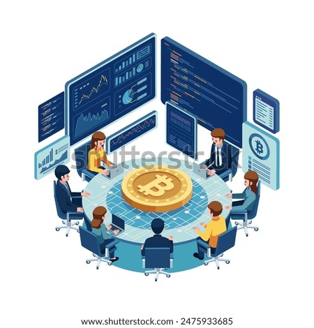 Isometric Business Team Analyzing Cryptocurrency Trends Around Bitcoin with Data Analytics in Background. Bitcoin and Cryptocurrency Market Analysis Concept