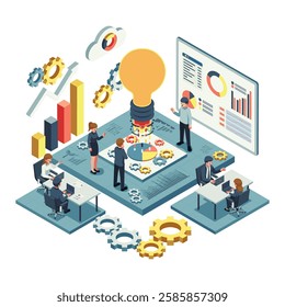 Isometric Business Team Collaborating in a Startup Ecosystem with Innovation, Growth, and Productivity. Startup Ecosystem and Innovation Hub Concept