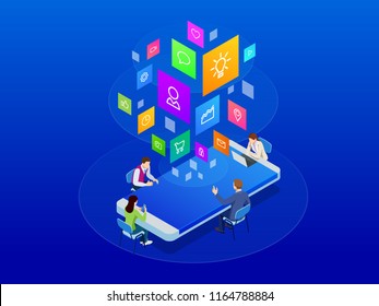 Isometric business team is discussing together report, sales, target, marketing, concept. Wifi connected people in bar table meeting Vector illustration.