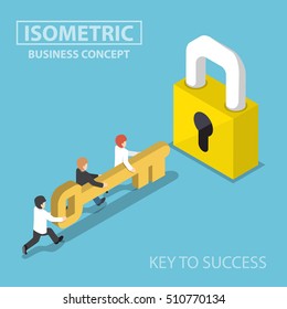 Isometric Business Team Holding Golden Key To Unlock The Lock, Business Solution, Key To Success And Teamwork Concept