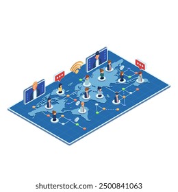 Isometric Business Team Meeting Over Internet Network. Global Remote Team Collaboration Concept