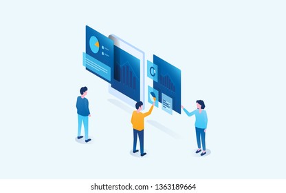 isometric business team people meeting analytics and research on dashboard chart  concept 
