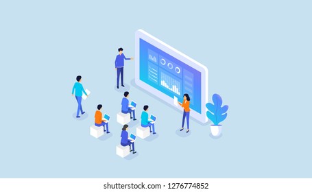 Isometric  Business  Team Present Report Graph  On Monitor Dashboard And Business  Training Concept
