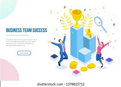 Isometric business team success, leadership, awards, career, successful projects, goal, winning plan, leadership qualities in a creative team, direction on a successful path concept