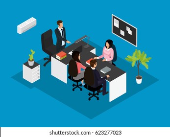 Isometric business teamwork concept with people sitting at table and discussing new project isolated vector illustration