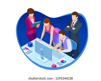 Isometric business teamwork and digital marketing, meeting, creative innovation.