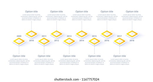 Isometric business timeline workflow infographics. Corporate milestones graphic elements. Company presentation slide template with year periods. Modern vector history time line design.
