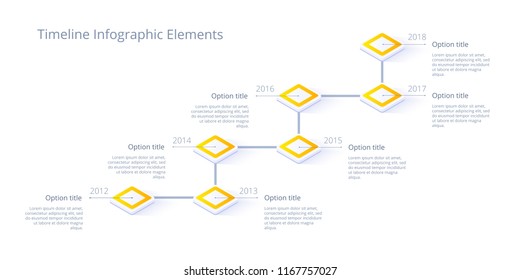 Isometric business timeline workflow infographics. Corporate milestones graphic elements. Company presentation slide template with year periods. Modern vector history time line design.