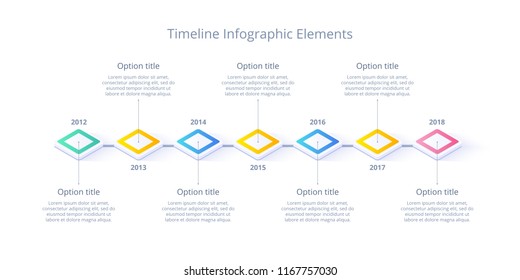 Isometric business timeline workflow infographics. Corporate milestones graphic elements. Company presentation slide template with year periods. Modern vector history time line design.