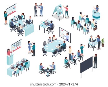 Isometric business training or coaching, office conference meeting. Businessman giving presentation, business education seminar vector set. Team brainstorming, discussing project or strategy