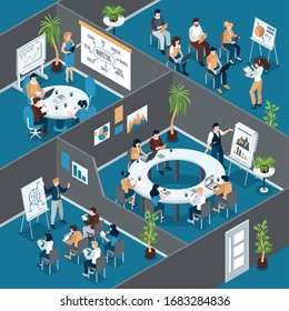 Isometric business training composition with indoor view of office rooms with groups of workers at tables vector illustration