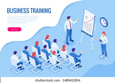 Isometric Business Training concept. Group of businessmen studies data. Office work crowd, team meeting, and discussion.