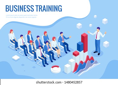 Isometric Business Training concept. Group of businessmen studies data. Office work crowd, team meeting, and discussion. Isometric Business Training concept. Group of businessmen studies data. Office work crowd, team meeting, and discussion.