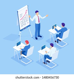 Isometric Business Training concept. Group of businessmen studies data. Office work crowd, team meeting, and discussion.