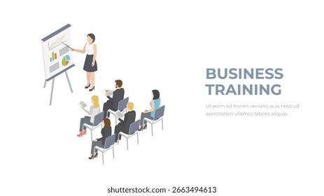 Concepto de formación isométrica de negocios. Grupo de empresarios estudia datos. Multitud de trabajo de oficina, reunión de equipo y discusión.