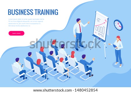 Isometric Business Training concept. Group of businessmen studies data. Office work crowd, team meeting, and discussion.