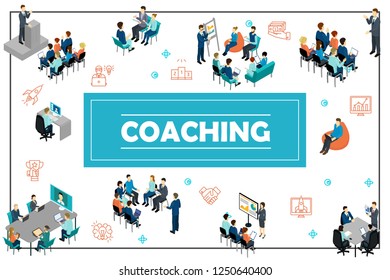 Isometric business training concept with public speech, online conference, staff coaching, presentation, consultation, brainstorming, seminar vector illustration