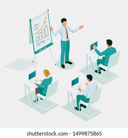 Isometric business training or courses, business meeting, and teamwork. Improving professional skill concept