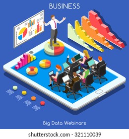 Isometric Business Training Event Remote Corporate Teaching Meeting Learn Isometric People 3D Webinar Online Manager Web Event Conference Tablet App Leadership Finance Employee Training Session Vector