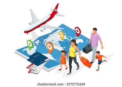 Isometric Business travel and tourism concept. Air tickets or boarding pass, passports on world map. Buying or booking online tickets. Family travel.