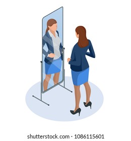 Isometric business woman adjusting tie in front of the mirror. Man checking his appearance in the mirror. Businessman looking himself in the mirror vector flat design illustration