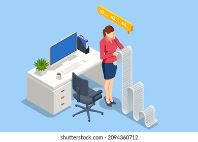 Isometric business woman with checklist and to do list. Project management, planning and keeping score of the completed tasks