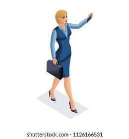 Isometric business woman with gadgets, young entrepreneur, taking pictures of herself, smartphone, makes video, vector illustration