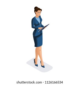 Isometric business woman with gadgets, young entrepreneur, looks at a report on a tablet, makes a presentation, smartphone, makes a video, vector illustration