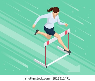 Isometric business woman jumping over an obstacle. Overcome obstacles. Business competition concept.