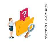 isometric business woman near open empty folder in color on white background, magnifier and question mark, file search or data problem