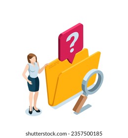 isometric business woman near open empty folder in color on white background, magnifier and question mark, file search or data problem