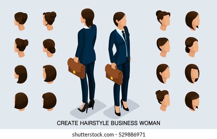 Isometric business woman set 2 3D, women's hairstyles to create a stylish business woman, fashionable hairstyle rear view isolated on a light background.