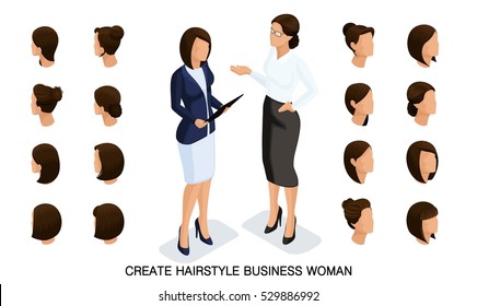 Isometric business woman set 5 3D, women's hairstyles to create a stylish business woman, fashionable hairstyle rear view isolated on a light background.