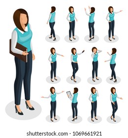 Isometric business woman set with businesswoman wearing office clothes and standing in different poses isolated vector illustration