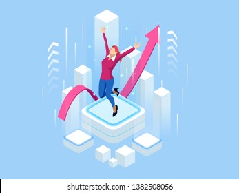 Isometric business woman success, leadership, awards, career, successful projects, goal, winning plan, leadership qualities in a creative team, direction on a successful path concept