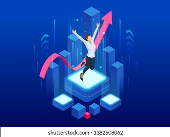 Isometric business woman success, leadership, awards, career, successful projects, goal, winning plan, leadership qualities in a creative team, direction on a successful path concept